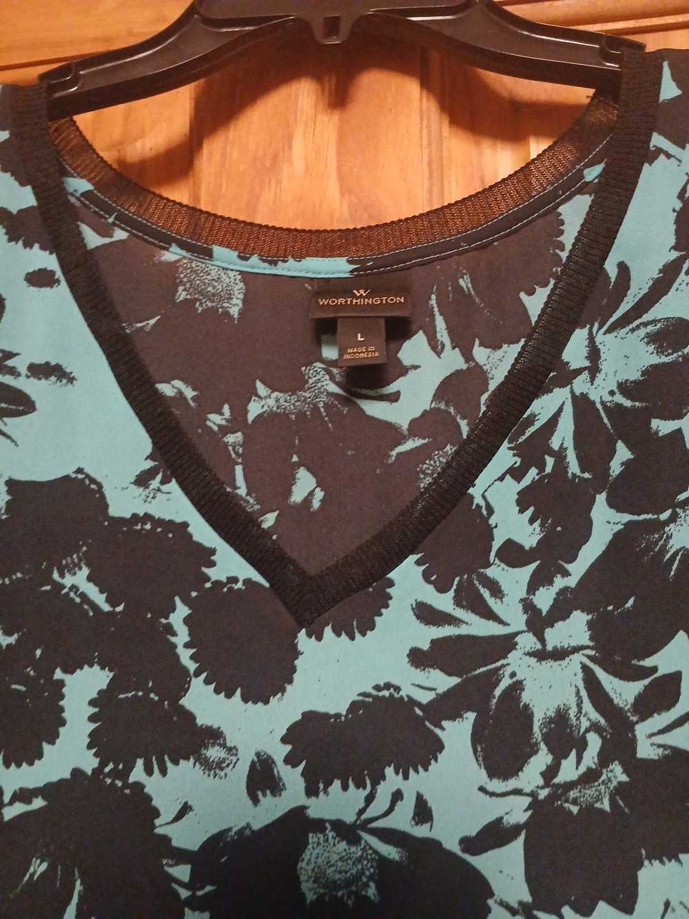 Worthington Blue and Black Floral V-Neck Top